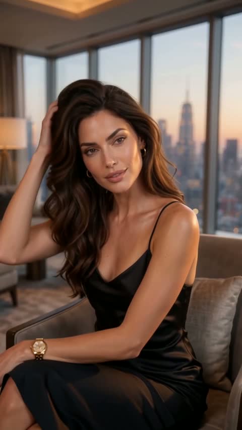Cath Morymore in a black silk slip dress seated in a penthouse with a city skyline at dusk