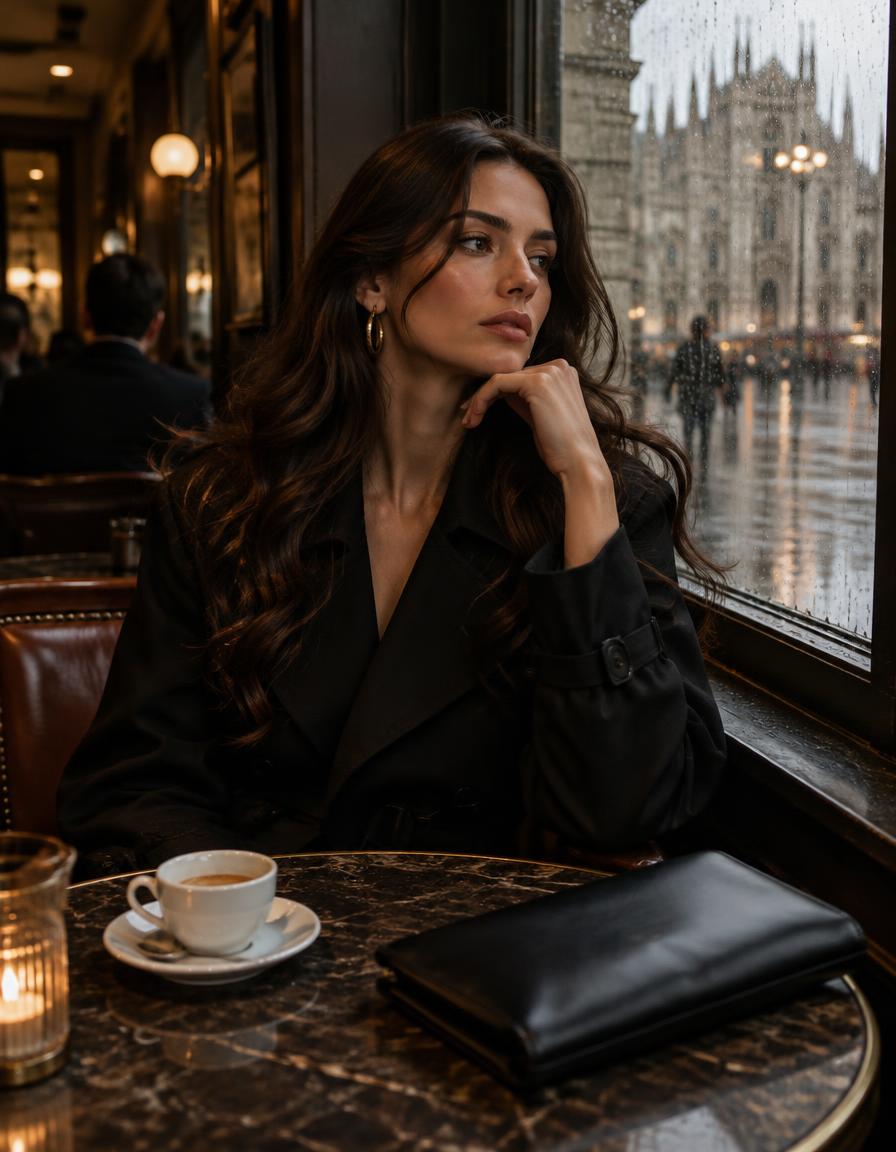 Cath Morymore in a black trench coat at a Milan café window on a rainy afternoon