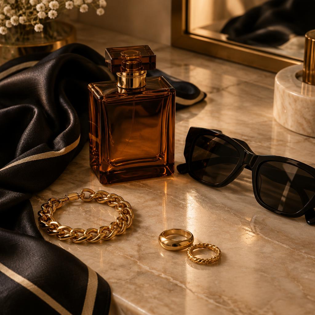Still life of an amber perfume bottle, gold jewellery, silk scarf and sunglasses on a marble vanity